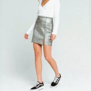 NWT Free People Silver Metallic Painted Denim Mini Skirt with Side Slit Size 4